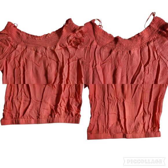 Lulumari Coral Orange Cropped Boho Smocked Off Shoulder Top sz S - Picture 6 of 11